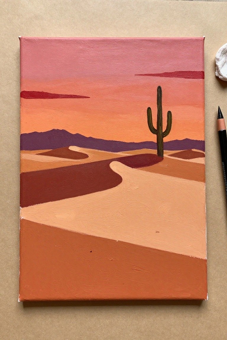 Desert sunset painting with orange dunes, purple mountains, and saguaro cactus on canvas