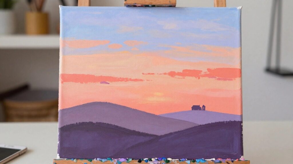 Abstract painting of vibrant sunset sky above rolling blue hills with small house
