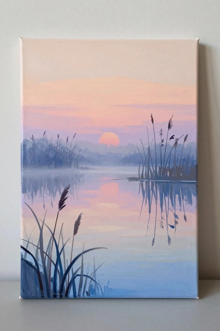 Pastel painting of sunset over lake with reeds and water reflections