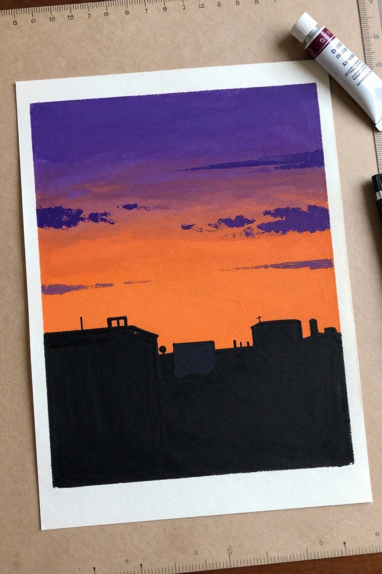 Purple-orange sunset painting with black building silhouettes beside paint tube and rulers