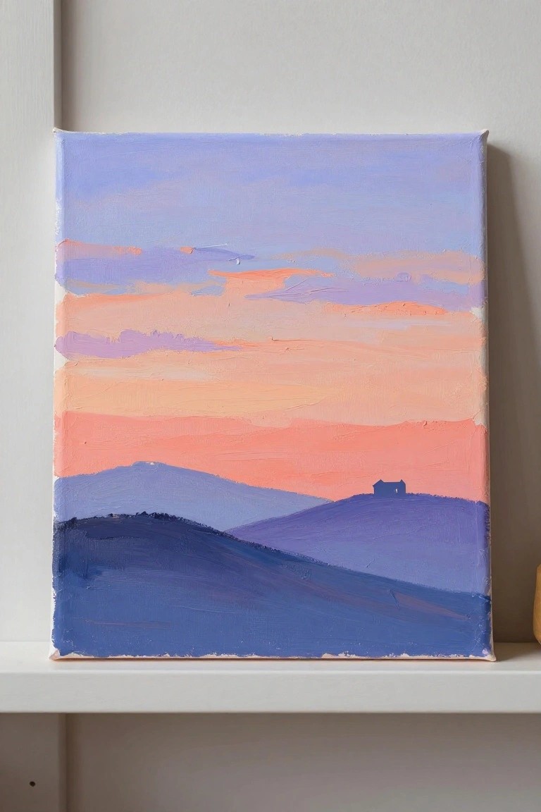 Abstract painting of vibrant sunset sky above rolling blue hills with small house