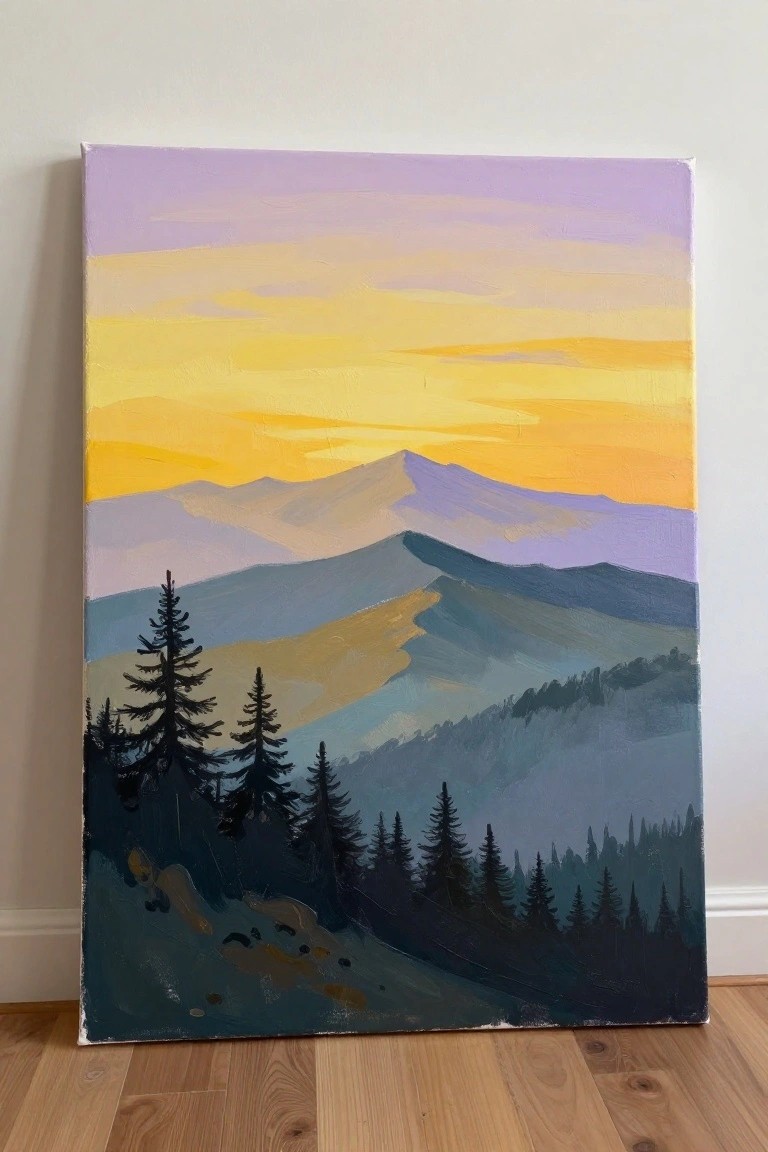 Layered mountain landscape painting at sunset with silhouetted pine trees in foreground