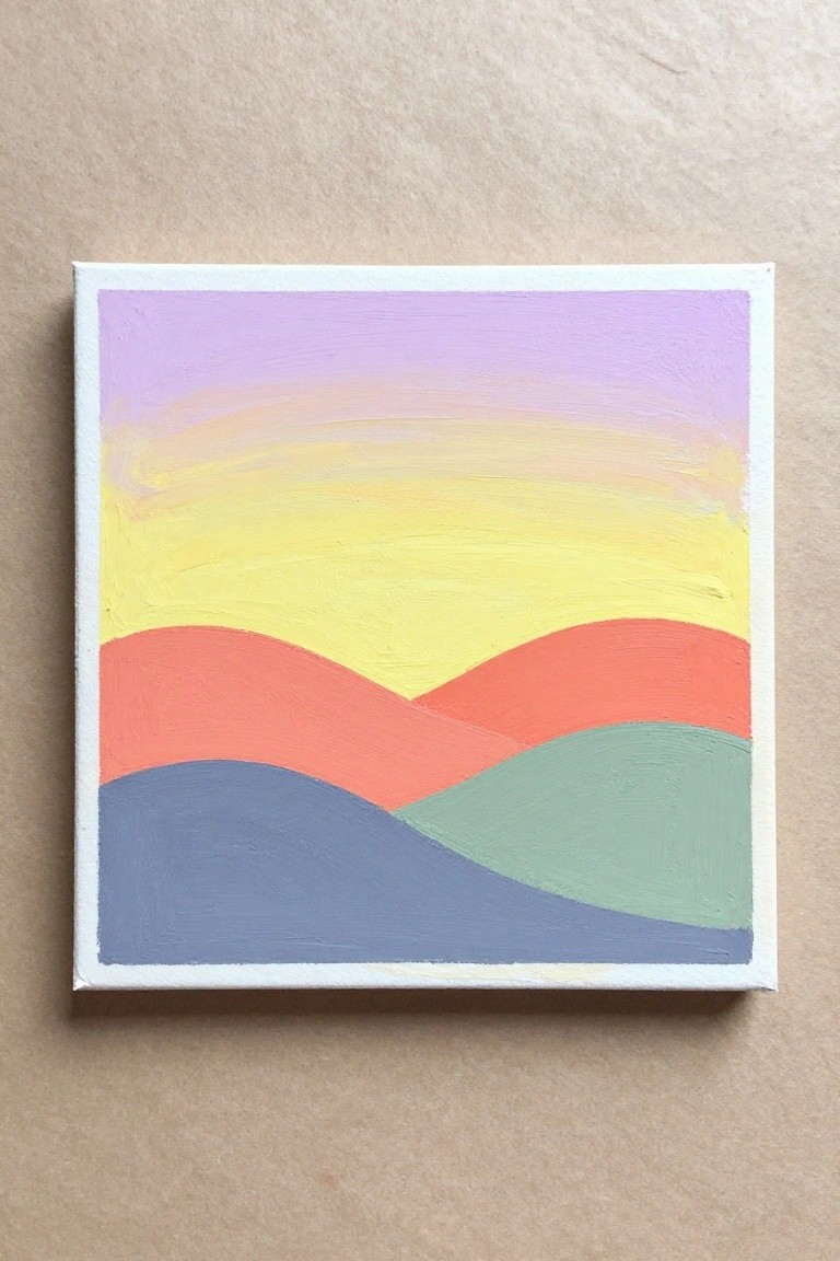 Abstract canvas painting with wavy layers in purple, yellow, orange, green, and blue.