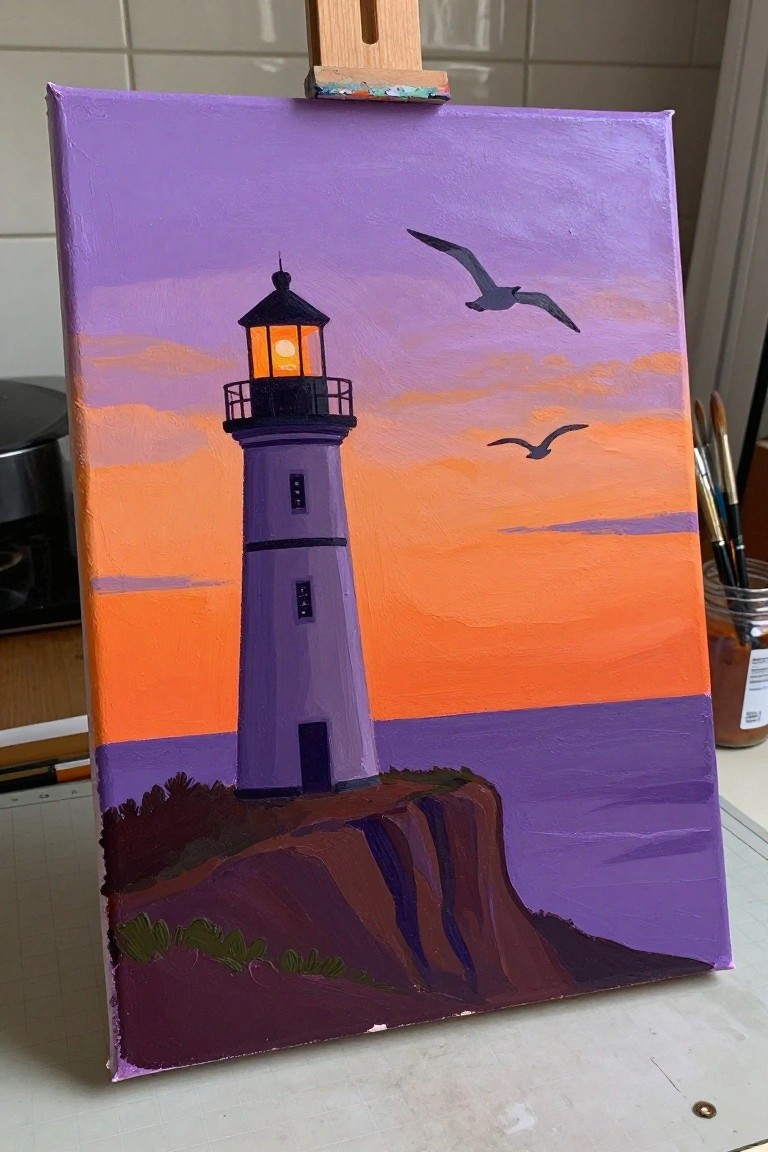 Purple lighthouse glowing on rocky cliff under orange-purple sunset sky with two flying birds
