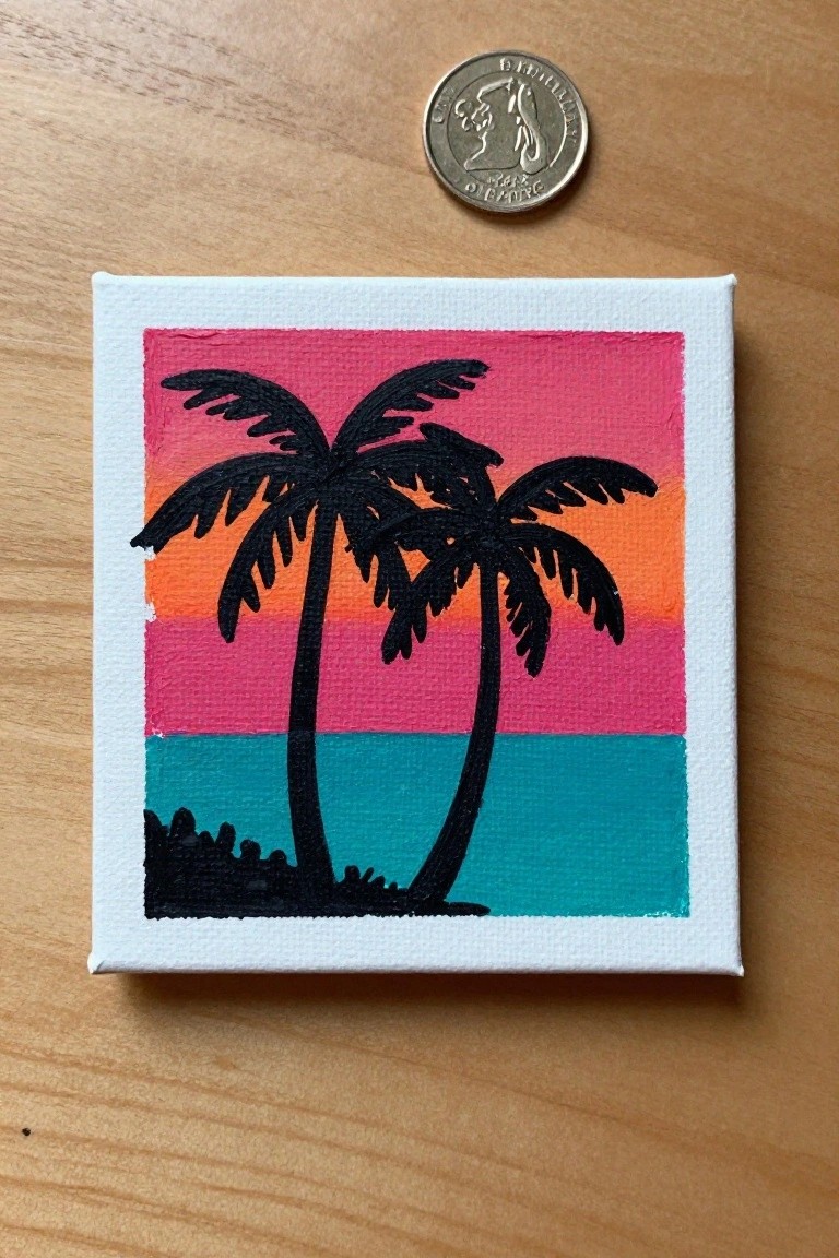 Small canvas with black palm tree silhouettes against pink-orange sunset stripes beside coin