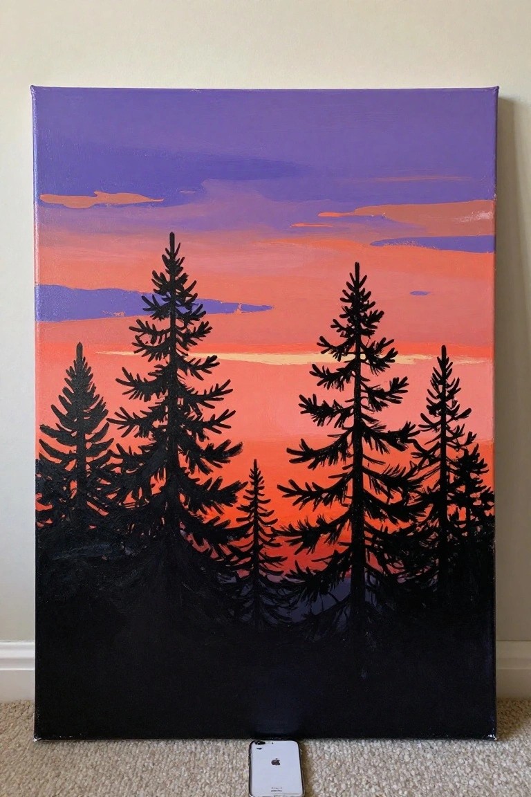Silhouetted pine trees against vibrant purple-orange sunset sky on canvas with phone below
