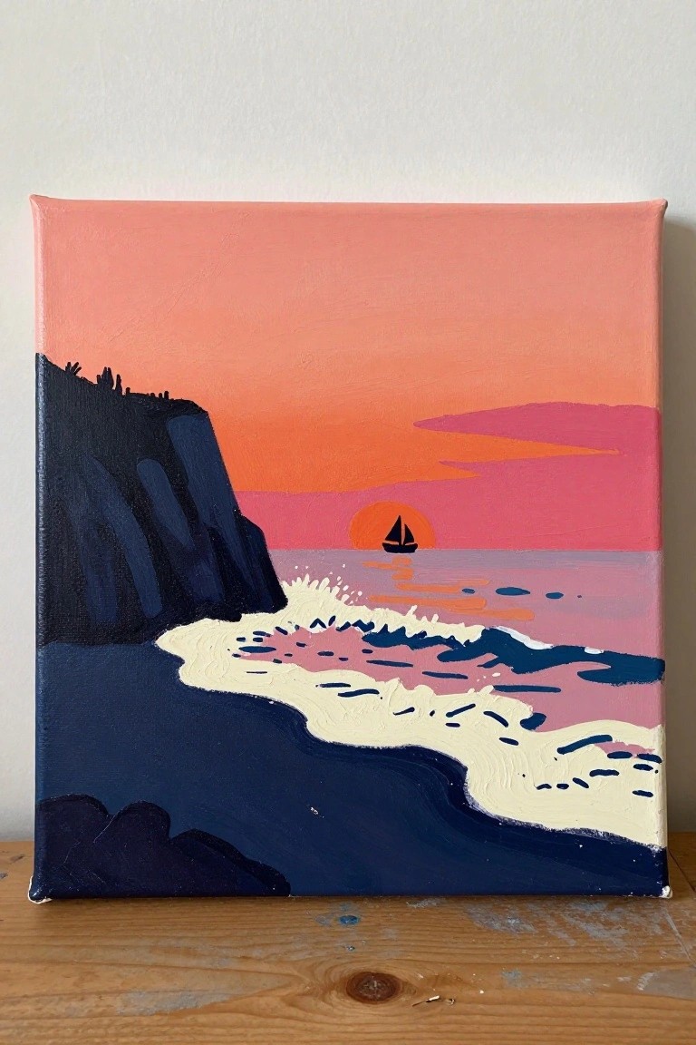 Sunset painting with orange sun, pink sky, cliffs, sailboat, and foamy waves.