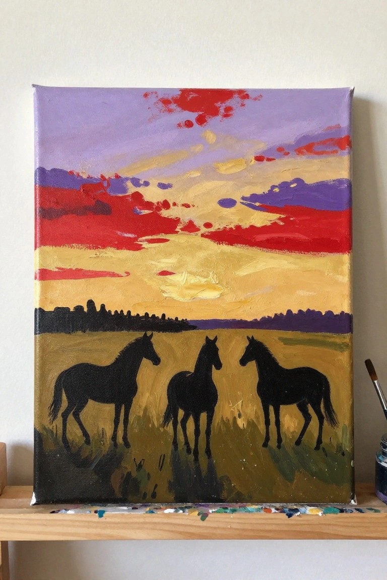 Three black horse silhouettes in a field under a red-purple-yellow sunset sky