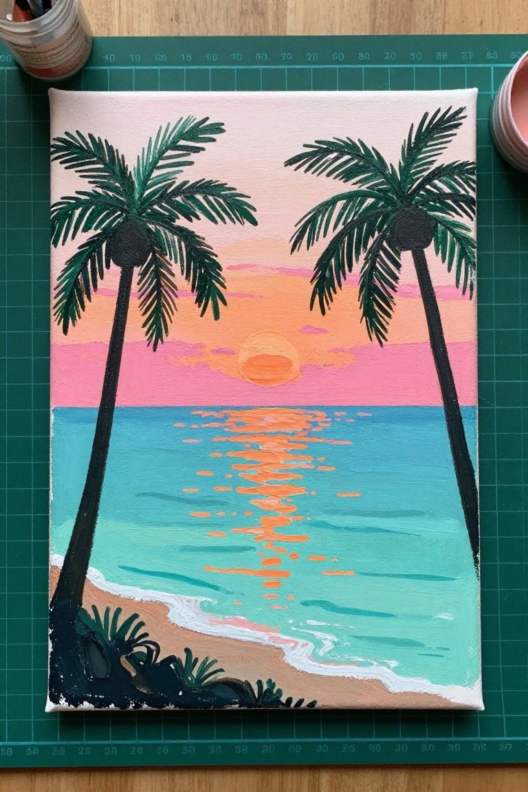 Acrylic painting of two palm trees at pink sunset over reflecting turquoise ocean