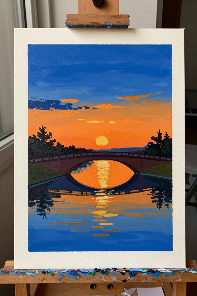 Sunset bridge painting on paint-stained easel with orange-blue reflections in water