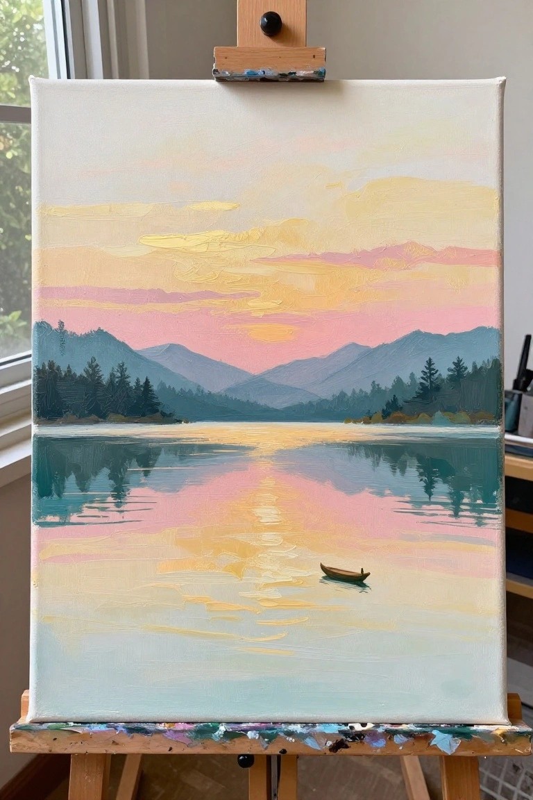 Oil painting on easel of pink-yellow sunset over mountains with boat on reflective lake