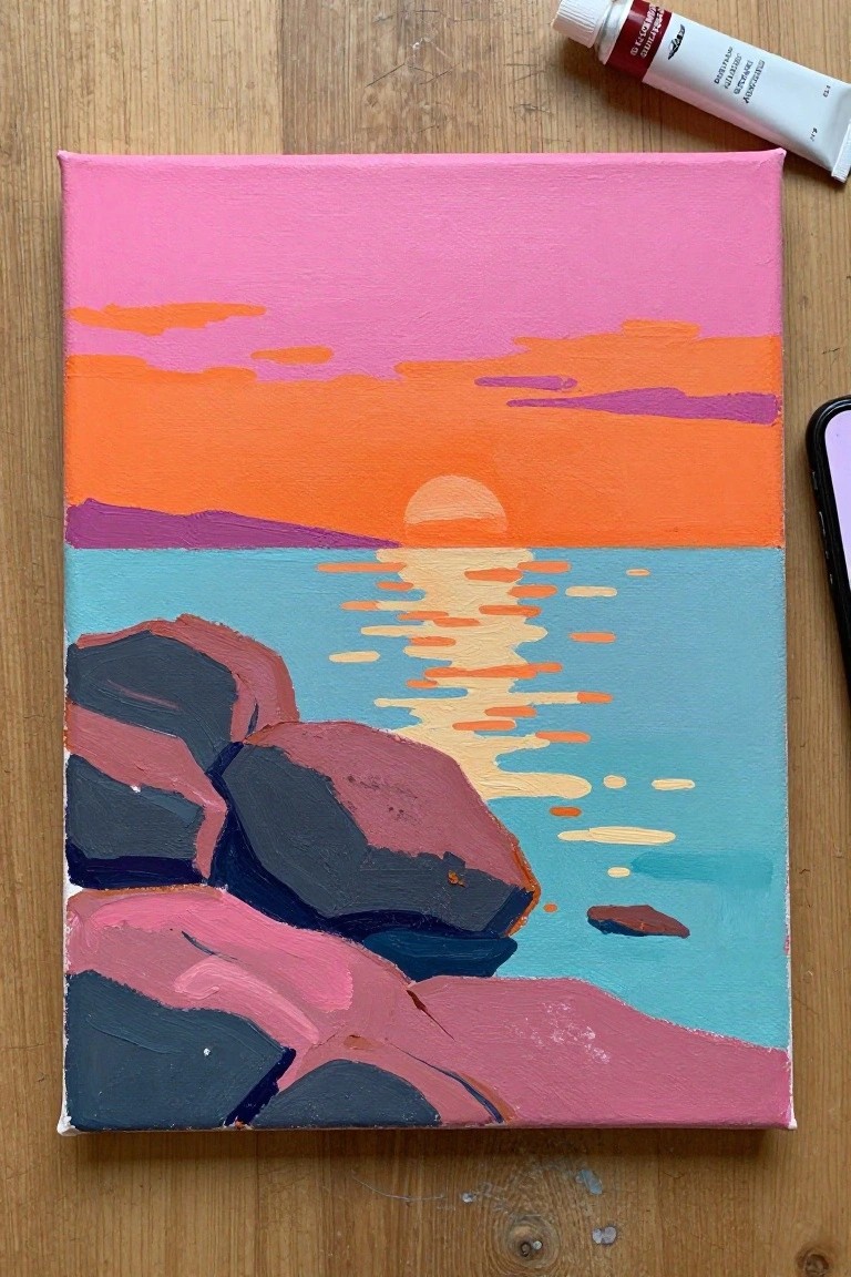 Bold colorful sunset painting on canvas with pink sky and rocky foreground