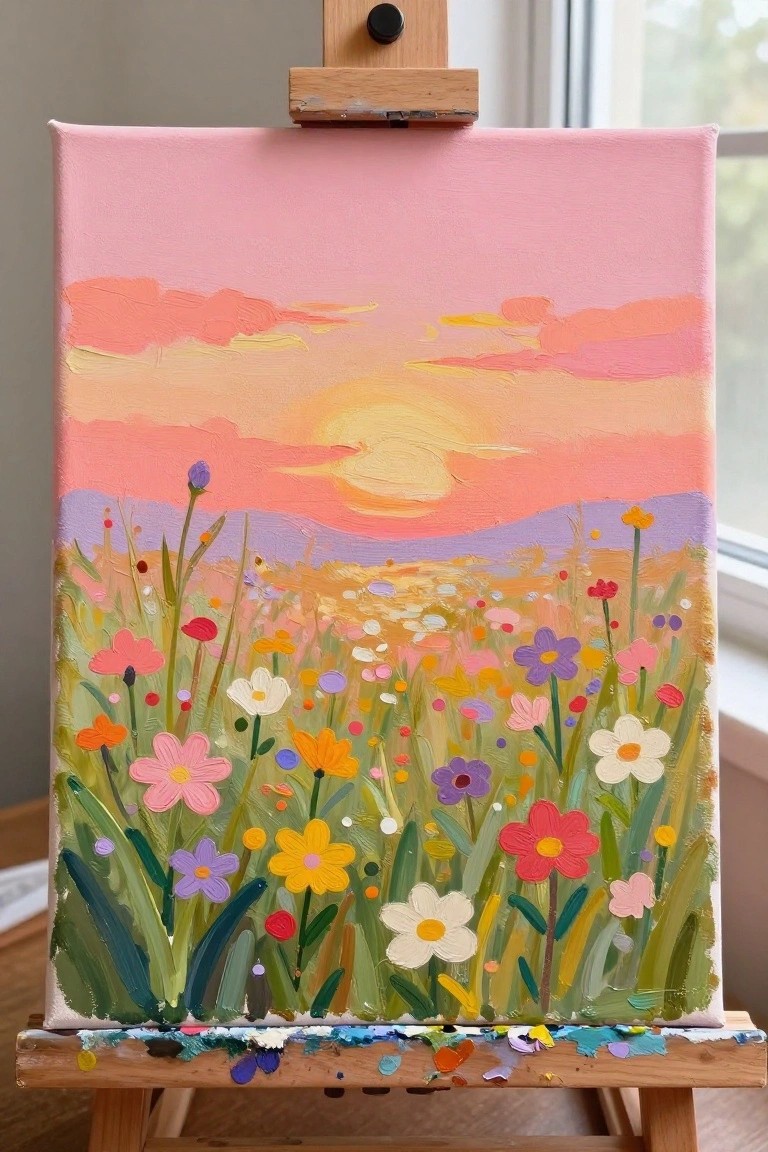 Colorful sunset painting of wildflower meadow on wooden easel with paint stains