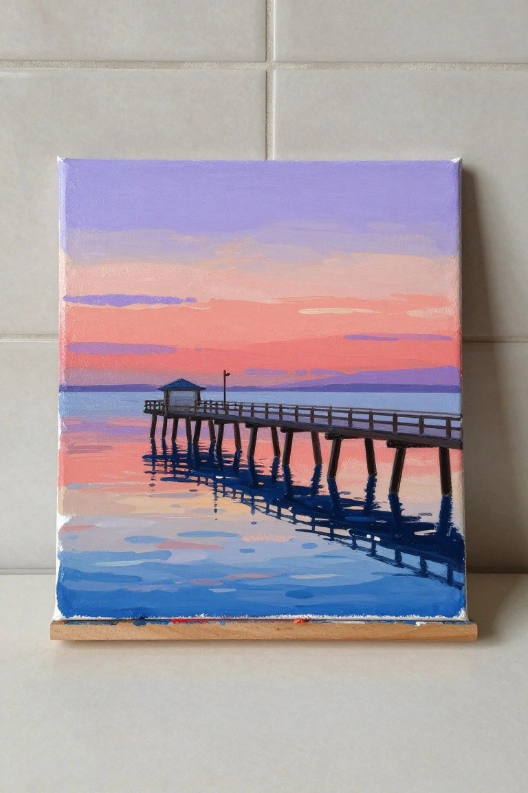 Painting of wooden pier with reflections on calm water under pink-purple sunset sky.