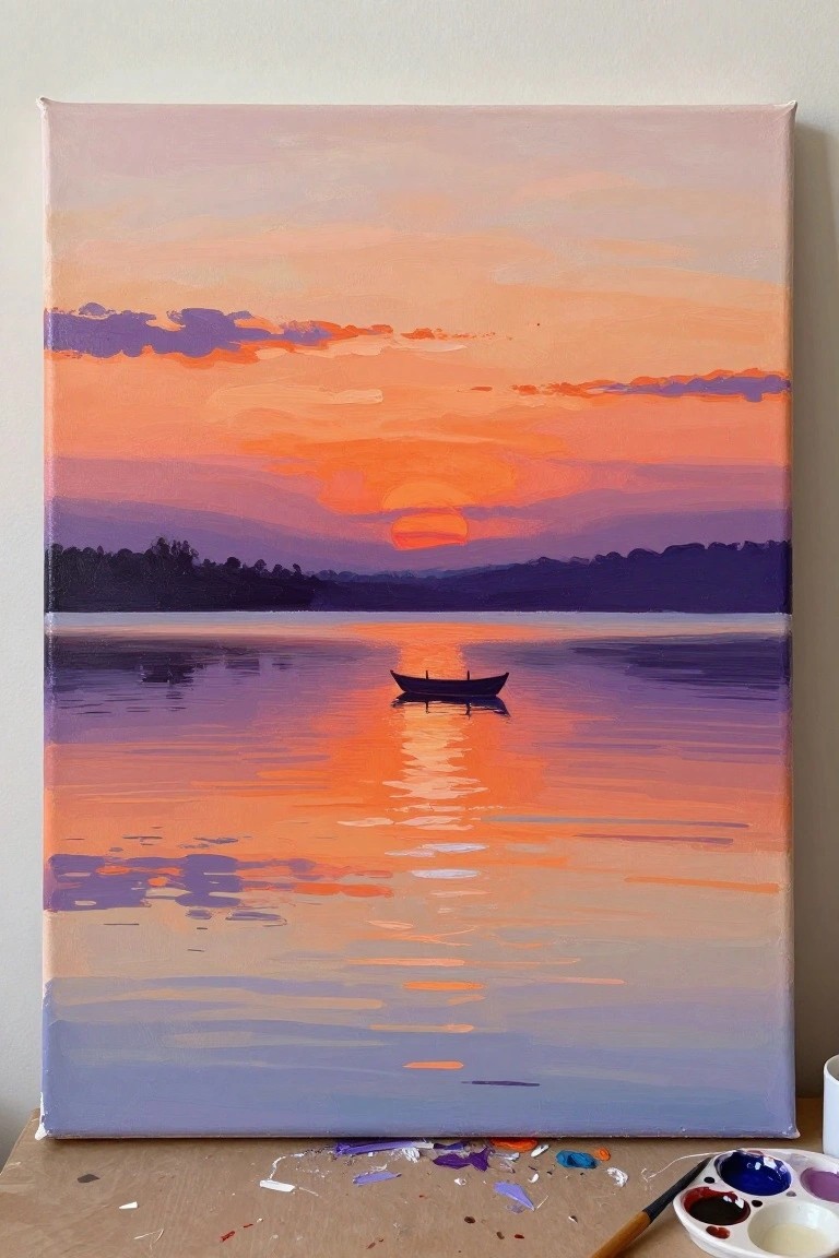 An acrylic painting of a sunset over water with orange and purple sky, a small boat in the middle, and reflections on the surface.