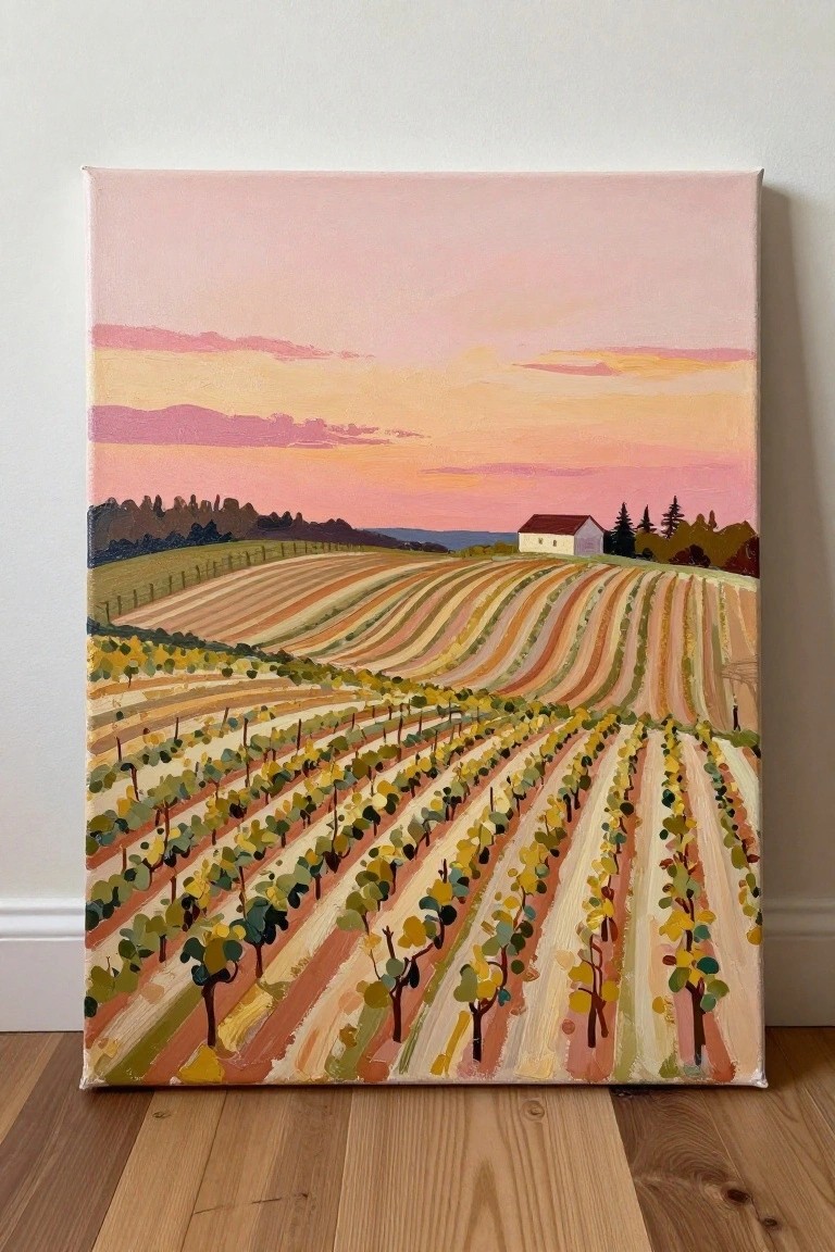 Rolling hills of colorful vineyards at pink sunset with distant house and trees.