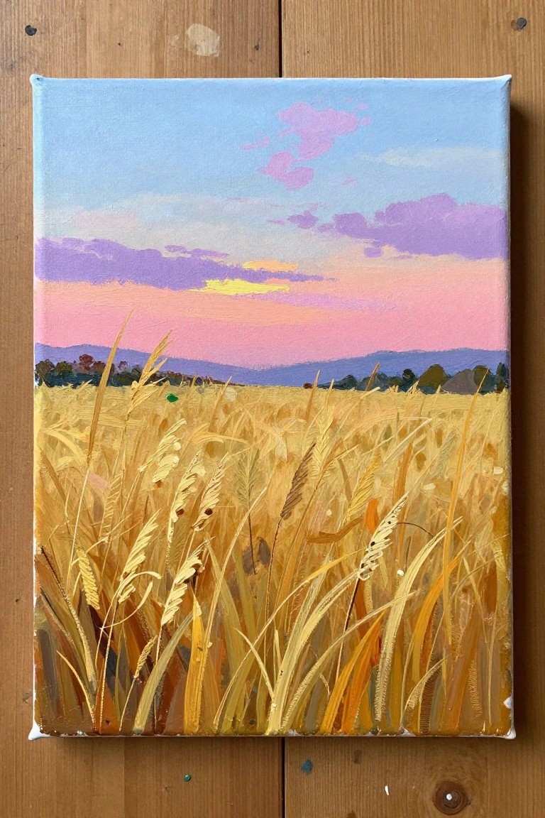 Golden wheat field under pink purple sunset sky with distant hills on canvas.