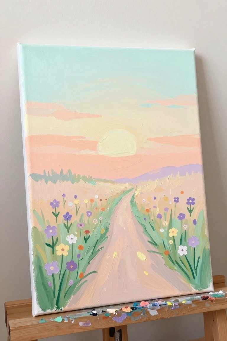 Acrylic painting of a winding path through wildflowers under a pastel sunrise sky with a yellow sun.