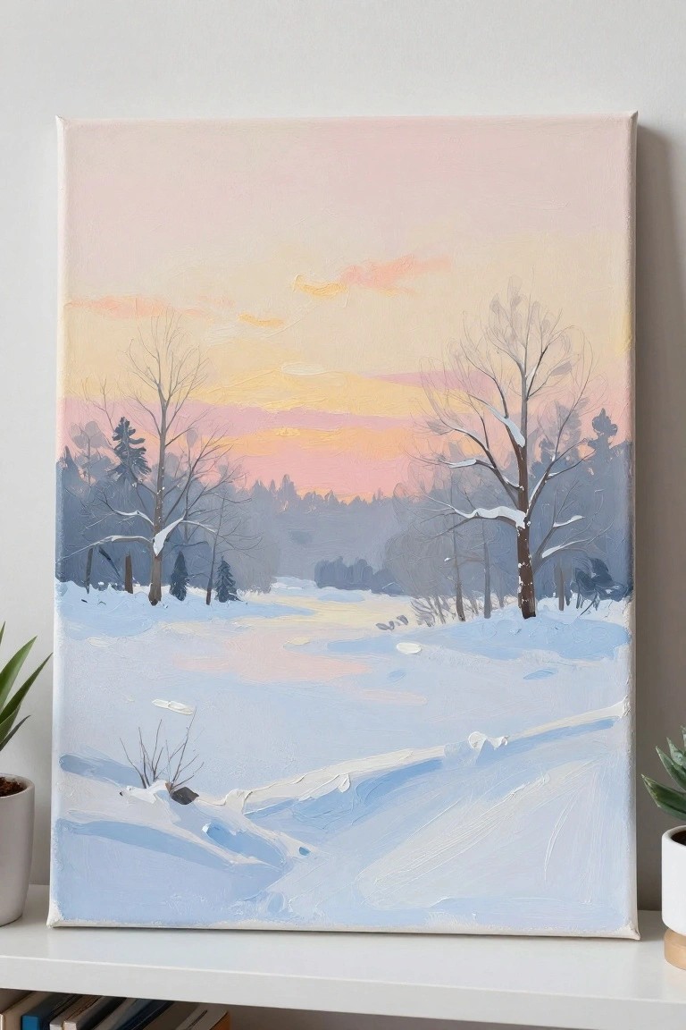 Pastel oil painting of snowy winter field with bare trees under pink sunset sky