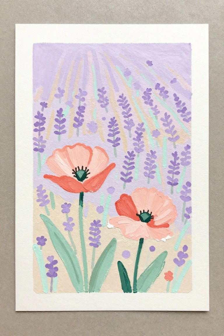 Two coral poppies amid purple lavender stalks with pastel sun rays in a field.