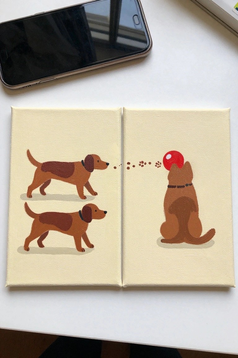 Two canvases showing brown dogs walking on left and sitting with red ball on right.