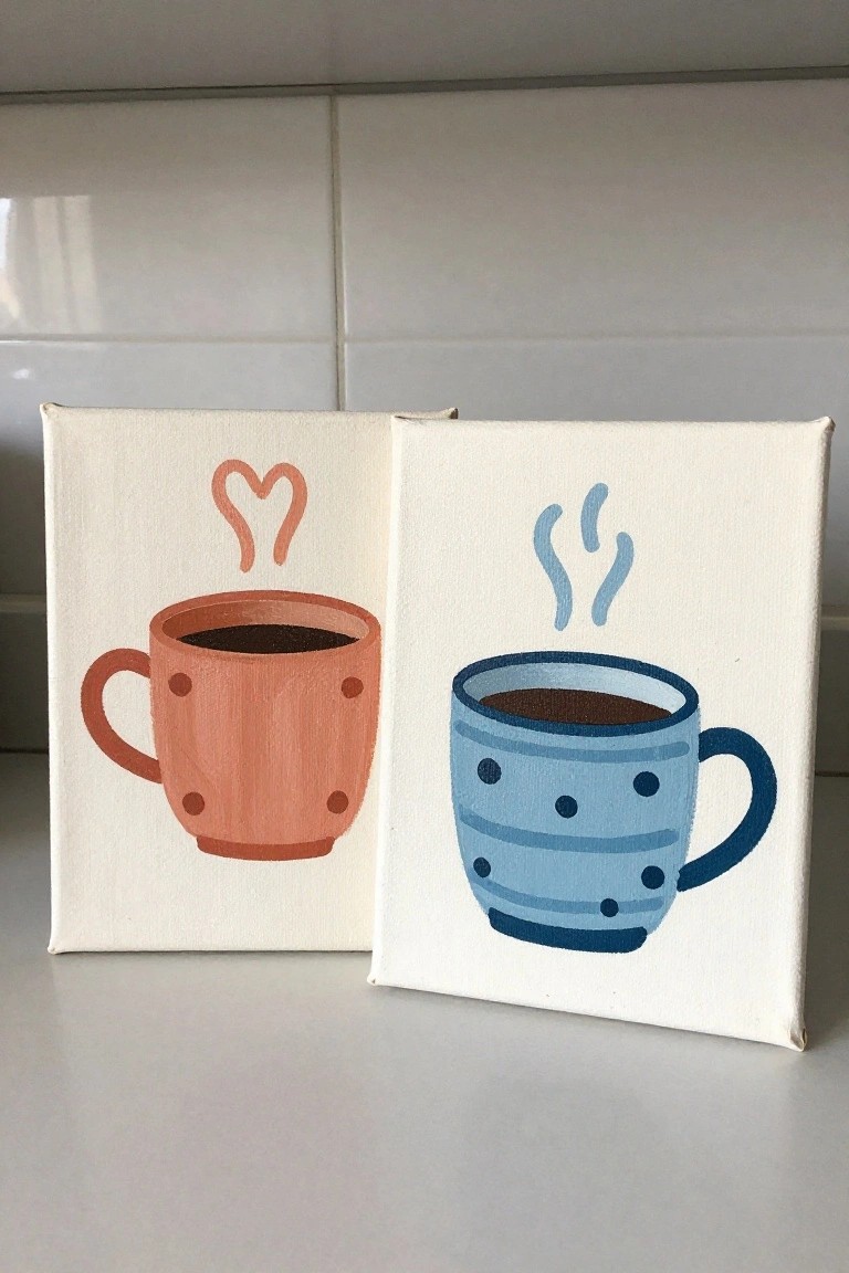 Two canvas paintings of dotted coffee mugs, coral with heart and blue with steam.