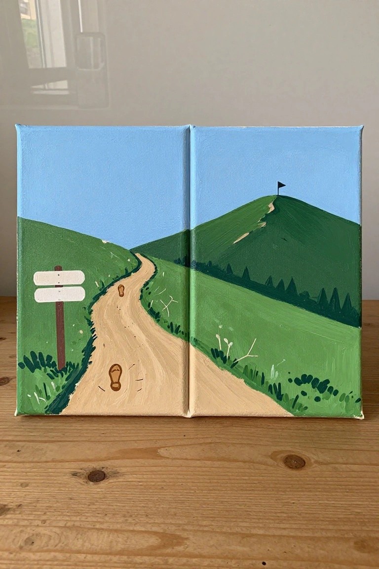 Two acrylic canvases side by side showing a dirt path through green hills with a signpost on the left and a flag on the hilltop on the right under a blue sky.
