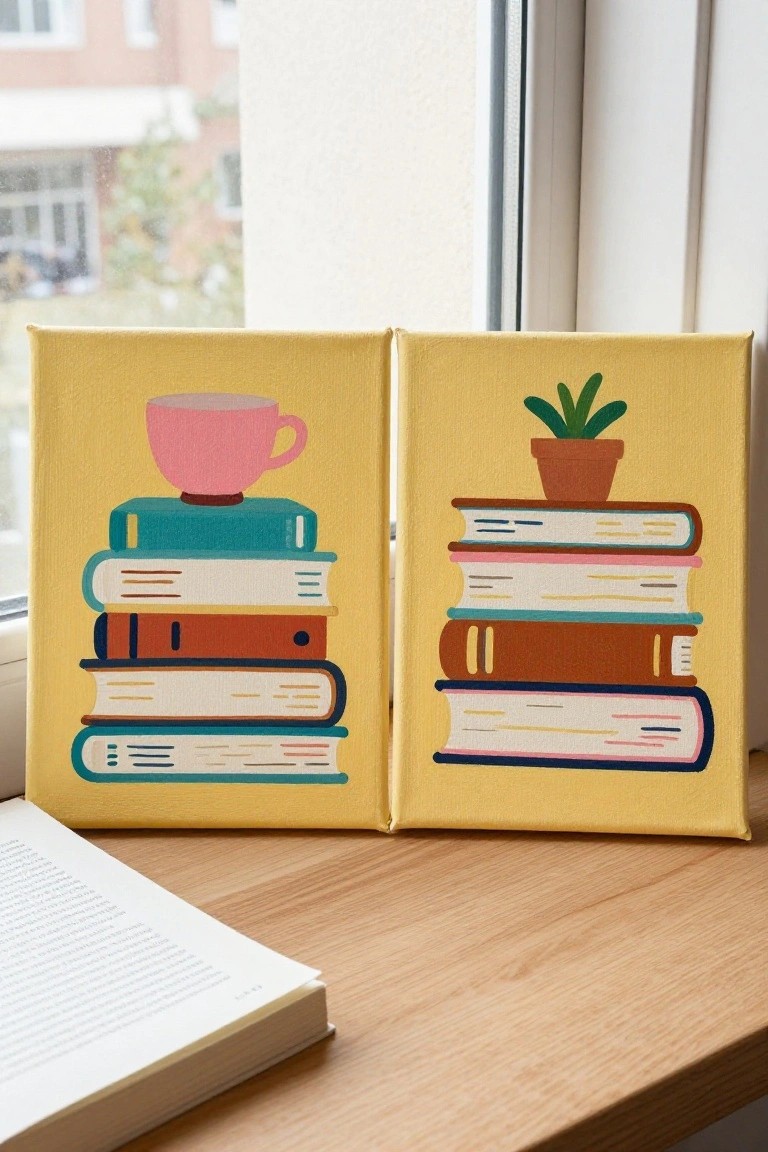 Two yellow canvases of stacked books topped with pink cup and potted plant beside open book.