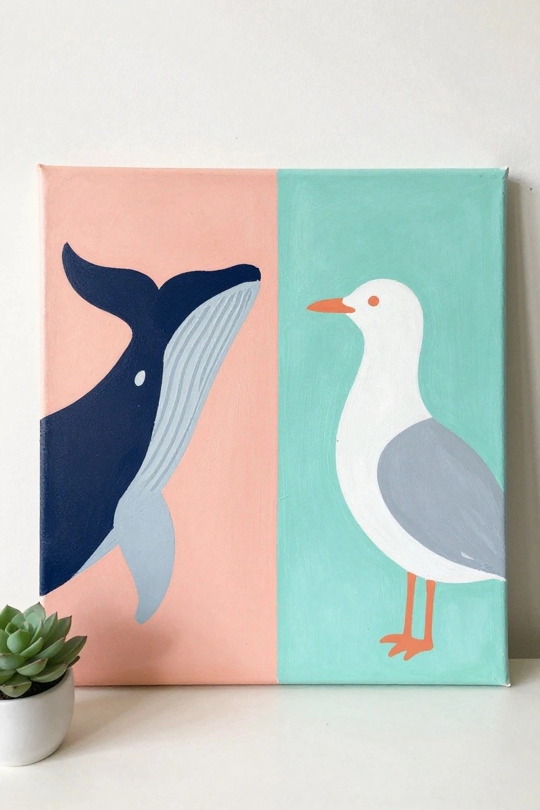 A split canvas painting with a dark blue whale on a pink background on the left and a white and gray seagull on a teal background on the right, next to a small potted succulent.