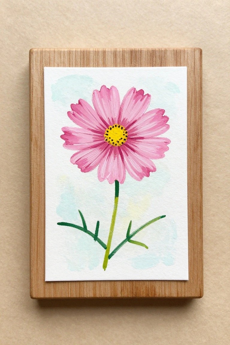 Pink watercolor flower with yellow center and green stem in wooden frame