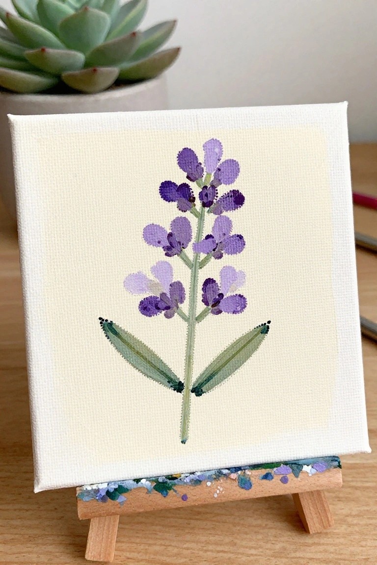 A small white canvas on a wooden easel shows a painted purple flower stem with green leaves on a pale yellow background.