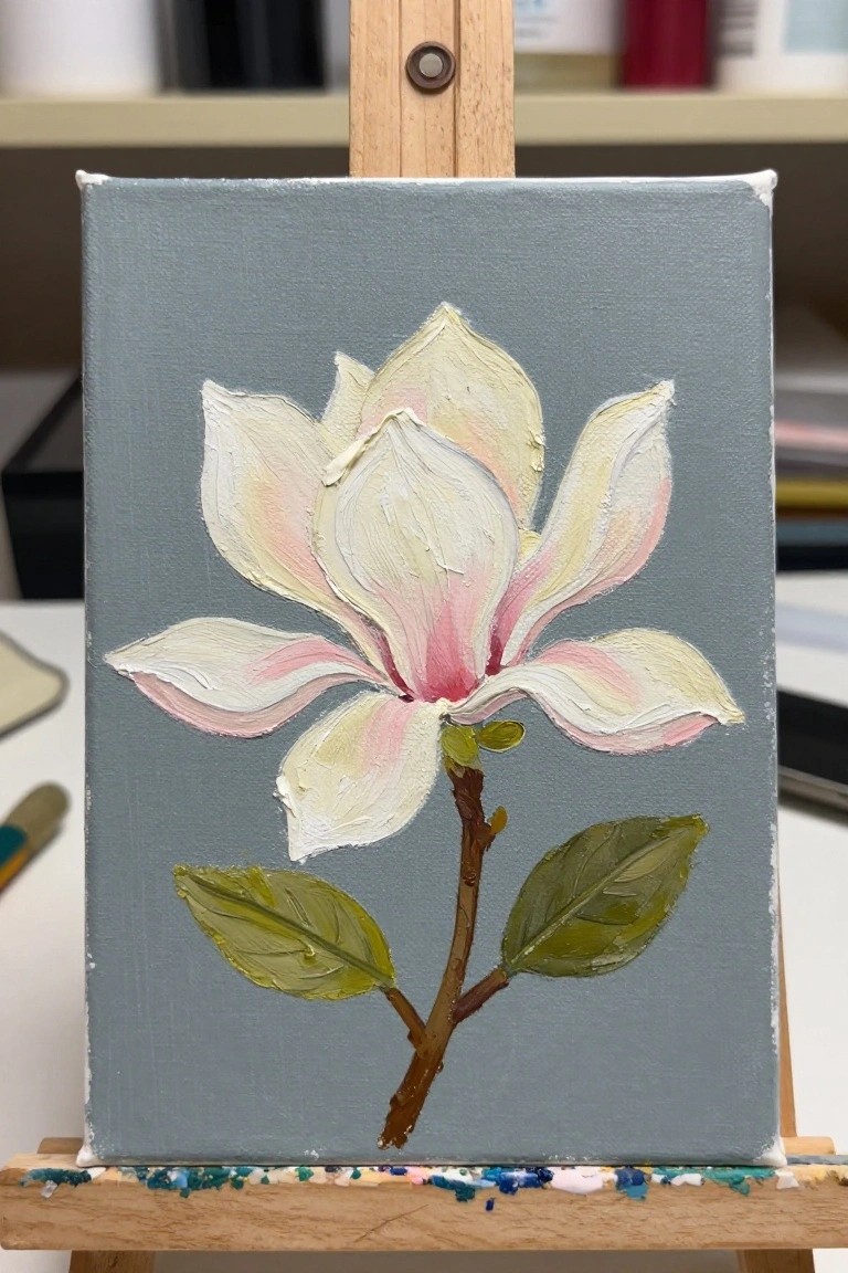 Impasto painting of white-pink magnolia flower with stem and leaves on gray canvas.