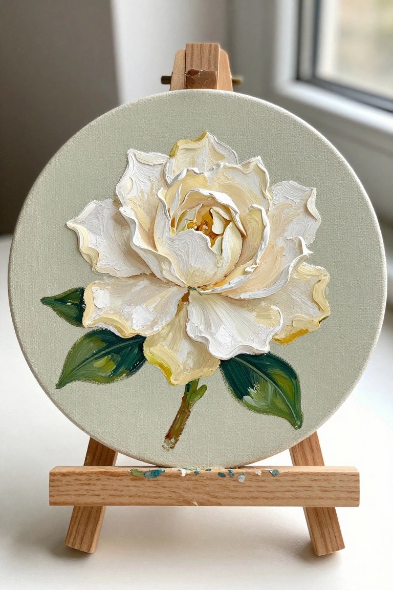 Thickly textured white flower with green leaves on round sage canvas and wooden easel.