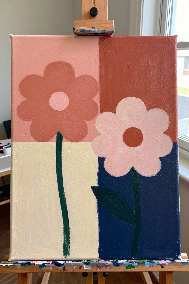 Two stylized flowers on canvas with pink, red, beige, and blue background sections on easel