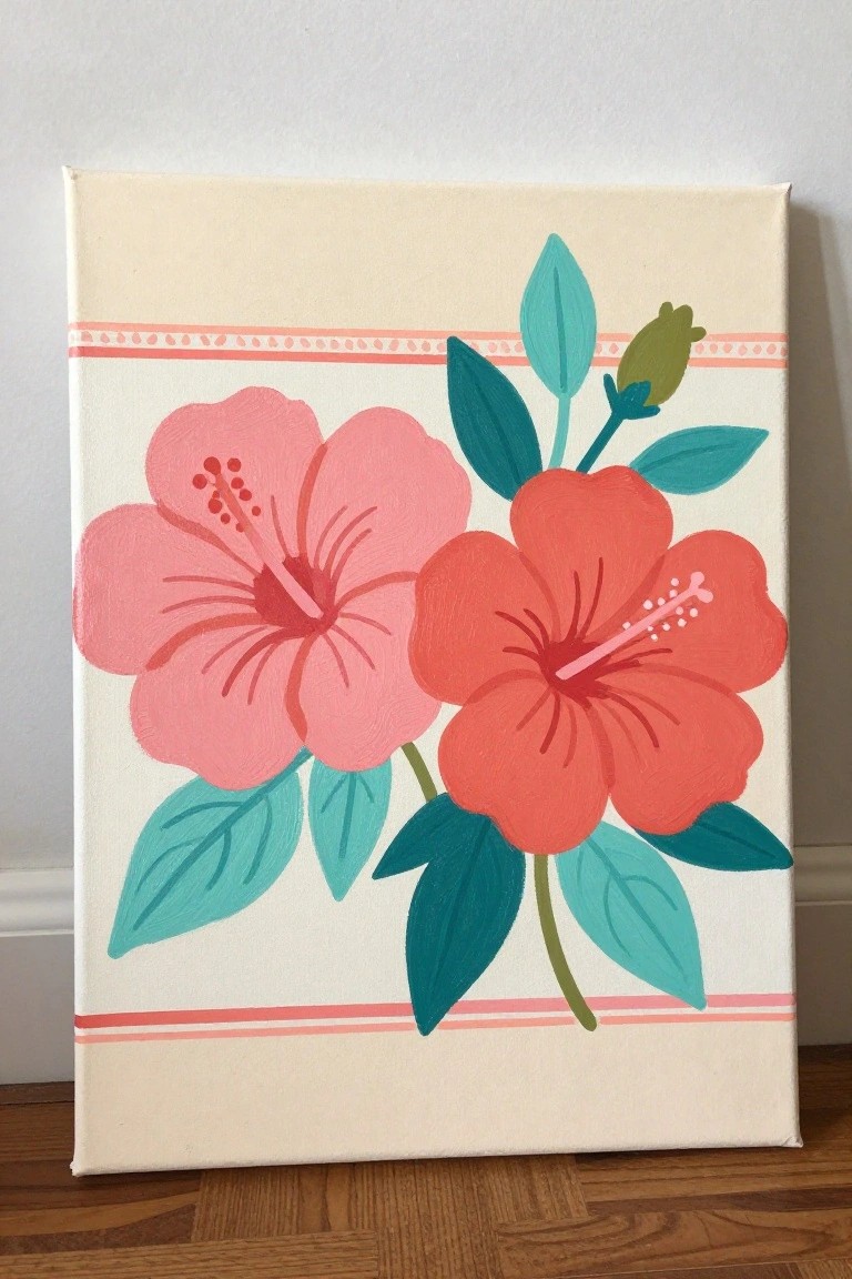Canvas painting of pink and coral hibiscus flowers with teal leaves and pink borders