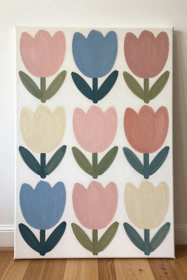 Grid of nine pastel tulips with green leaves on white canvas