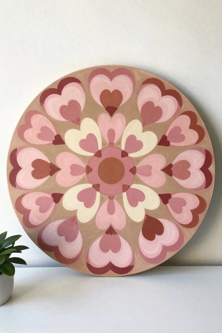 Circular mandala painting of layered pink and brown hearts beside potted plant