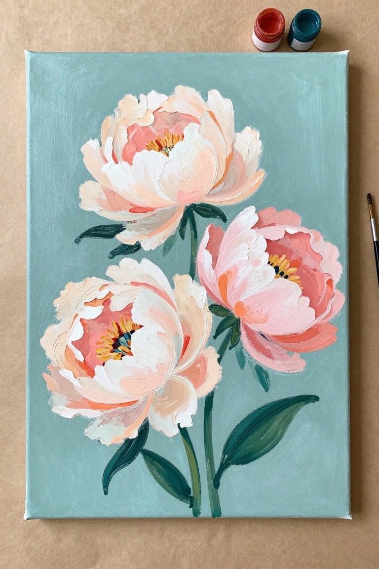 Three pink peonies with green leaves on light teal canvas beside paint tubes and brush.