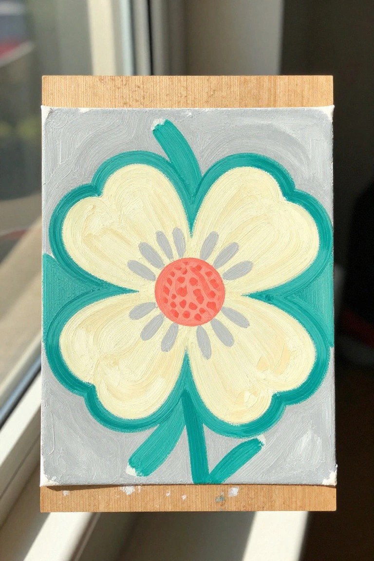 Stylized flower painting on canvas with cream petals, teal outlines, red center on gray.