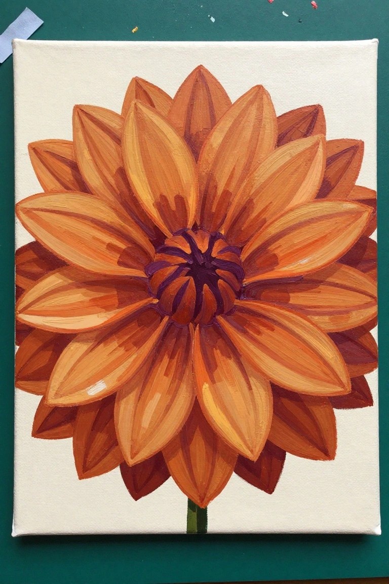 Orange dahlia painting with layered petals, purple center, and green stem on canvas