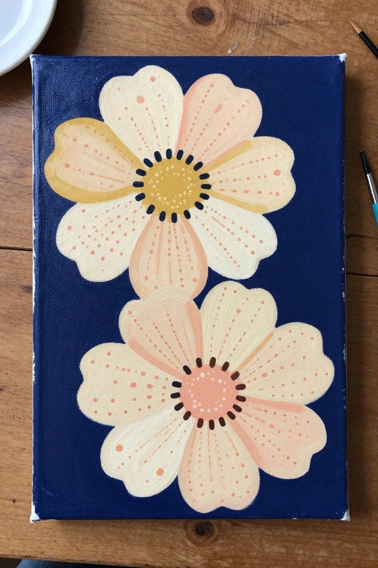 Two stylized peach flowers with dotted petals on dark blue canvas painting