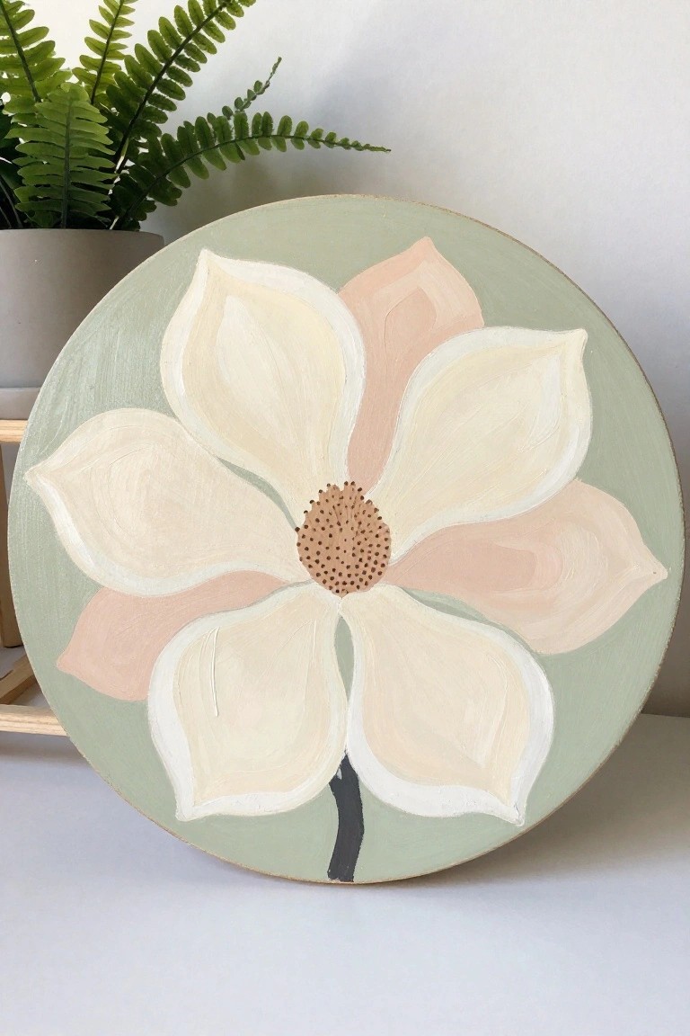 Circular painting of white magnolia with pink accents and brown center on green background