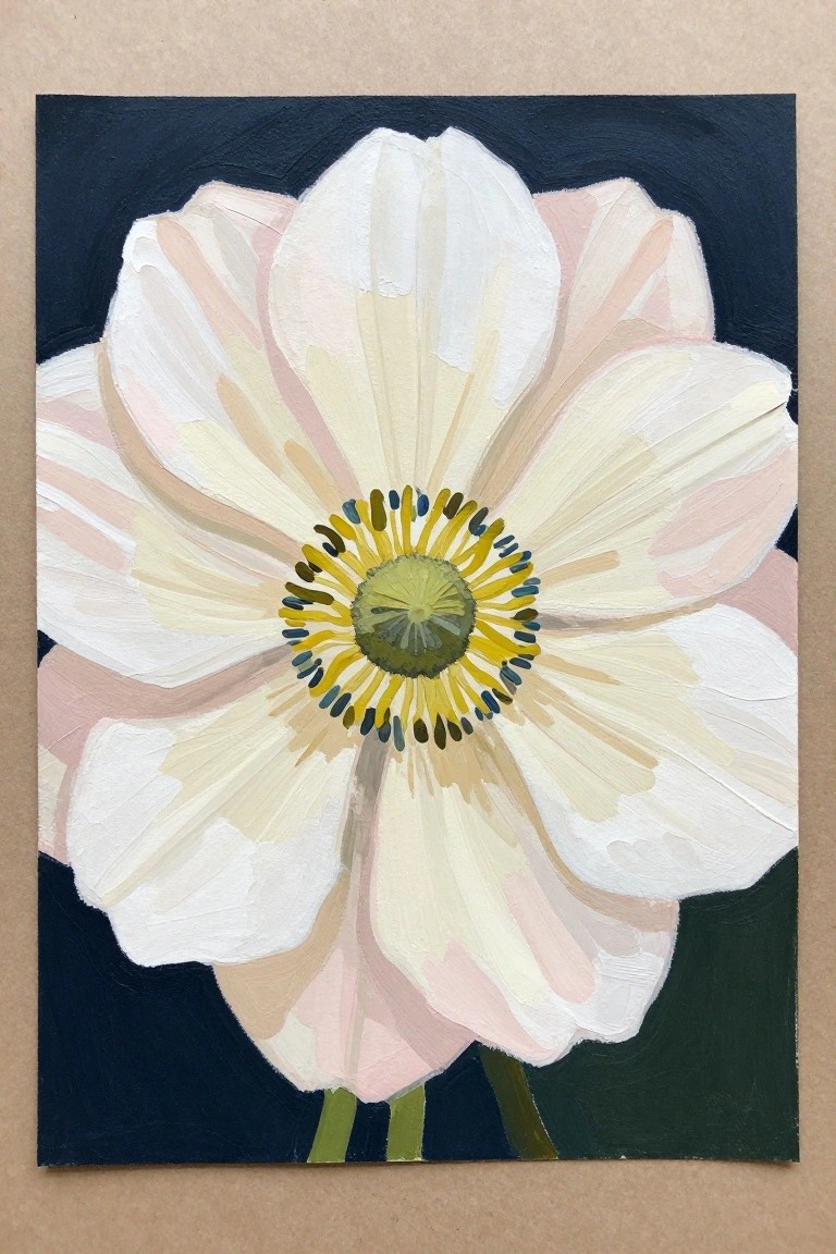 Large white flower with pink petals and yellow-green center on dark blue background