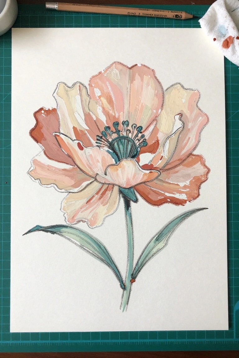 Watercolor painting of peach and coral flower with teal center, stem, and leaves