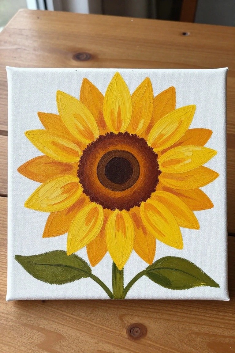 Yellow sunflower with brown center and green leaves painted on white canvas