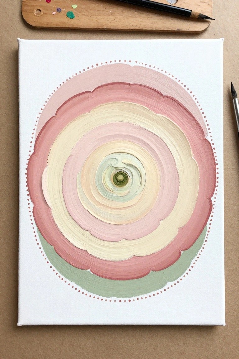 Abstract pink and cream scalloped rings with green center on canvas beside palette and brush