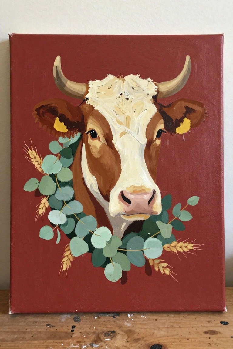 Brown and white cow with horns wearing eucalyptus and wheat wreath on red background.