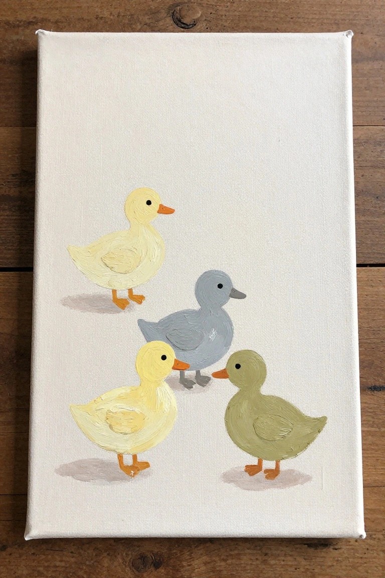 Four ducklings painted in yellow, blue, and green on white canvas.