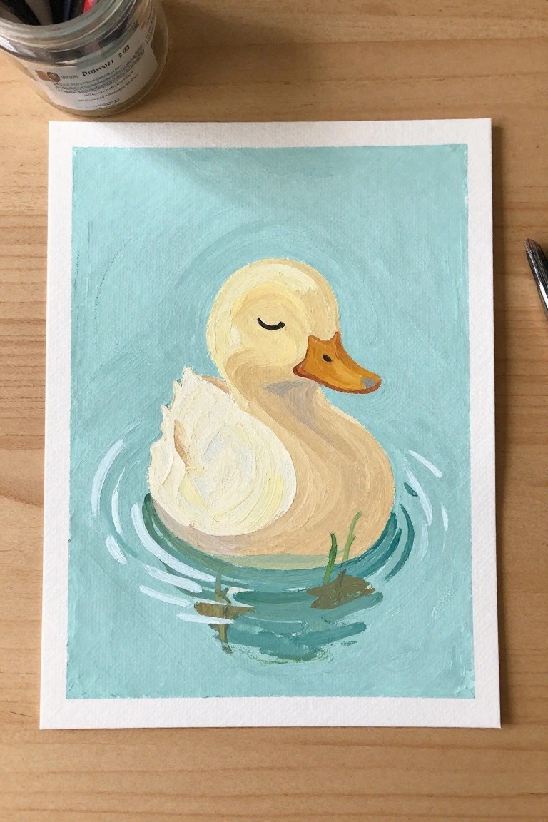 Yellow duckling painting with closed eyes in rippled teal water on wooden table