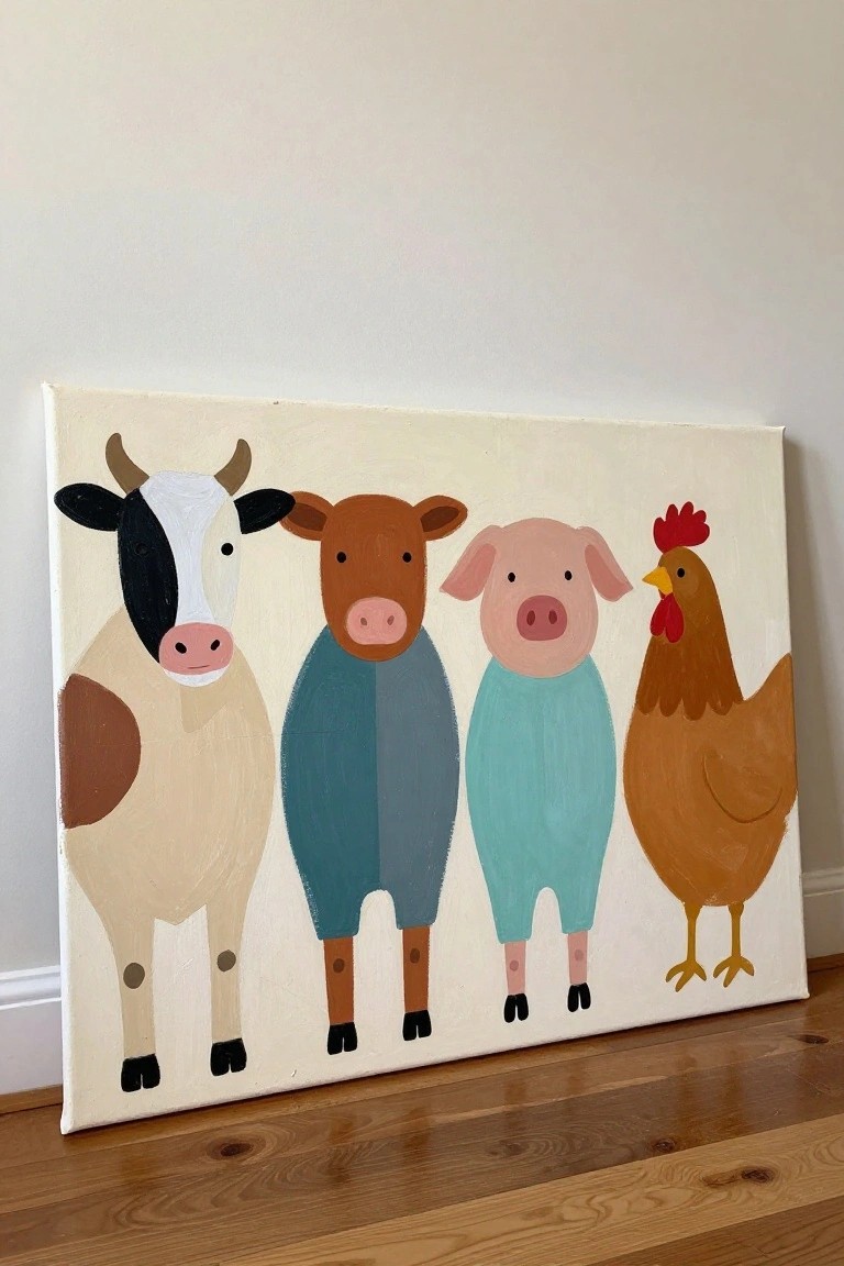 Colorful painting of cow, bull, pig and chicken in overalls on canvas.